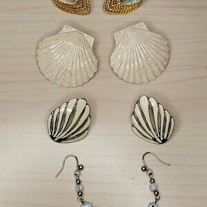 4 Nautical Pairs of Earrings: Sea Shells, Seahorses, Teardrop Gold Rope Studs